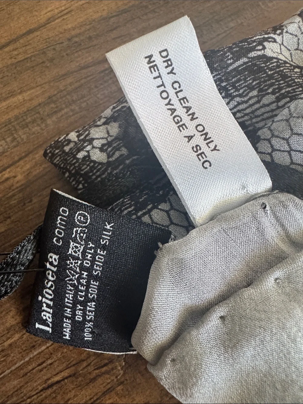NWT Boutique Moschino Luxury Silk Scarf Black Gray Romantic Floral Lace Motif